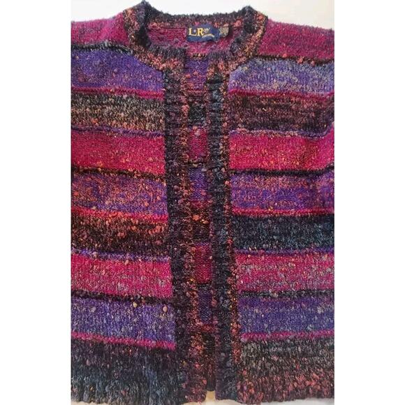 Vintage 80s Leroy Knitwear Chunky Knit Open Cardigan Sz LG Jewel Tones Cozycore - Picture 11 of 11